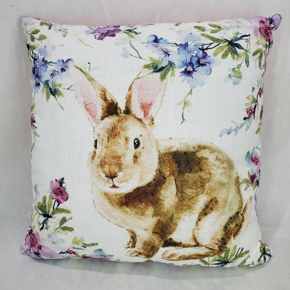 Bunny 🐰 pillow Beaded Rabbit Easter Throw Toss Accent Pink Floral Shabby Chic